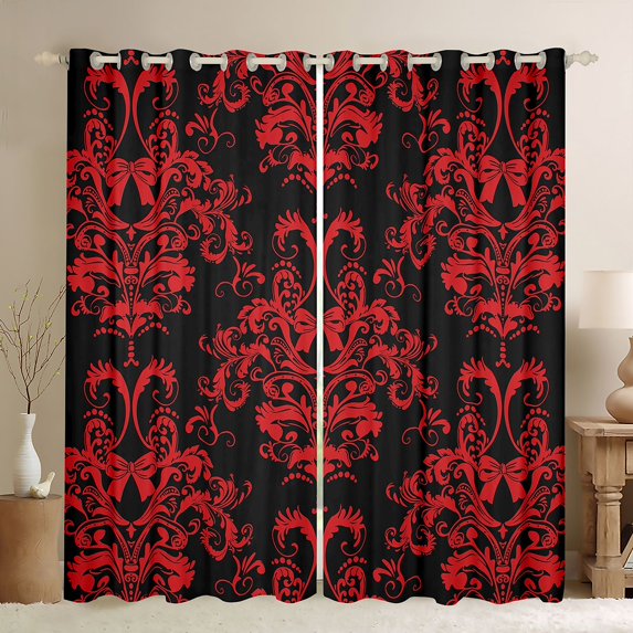 jejeloiu Cartoon Bowtie Bow Black Out Curtains,Ancient Damask Jacquard Curtains Pack of 2 (42x63 Each),Red Victorian Baroque Bedroom Curtains For Kids,Microfiber Bedroom Decor