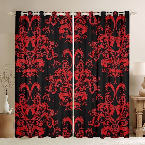 jejeloiu Cartoon Bowtie Bow Black Out Curtains,Ancient Damask Jacquard Curtains Pack of 2 (42x63 Each),Red Victorian Baroque Bedroom Curtains For Kids,Microfiber Bedroom Decor