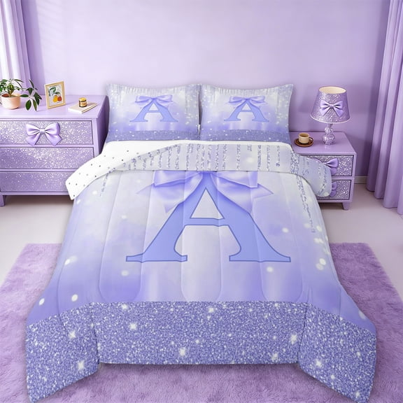 jejeloiu Cartoon Bowtie Bow Queen Comforter Set,Letter A Monogrammed Bedding Comforter Set For Girls Kids Reversible 3pcs