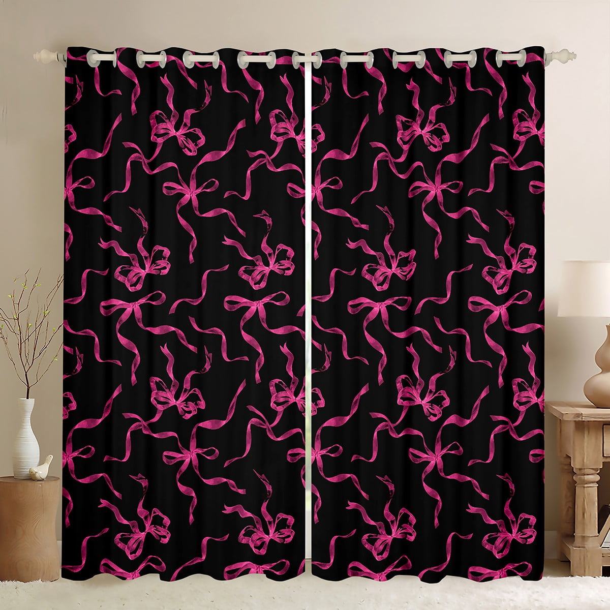 jejeloiu Cartoon Bowtie Curtains Pack of 2 (42x84 Each),Bow Bowknot Curtains Blackout,Pink Black Bedroom Curtains For Girl,Microfiber Room Decor