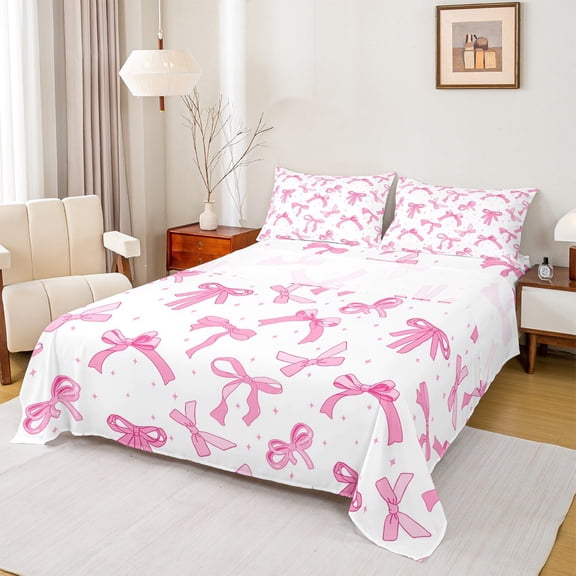 jejeloiu Cartoon Bowtie Full Size Sheets,Bow Bowknot Bed Sheets,Pink White Sheet Sets For Girl,Microfiber Room Decor,4-Piece