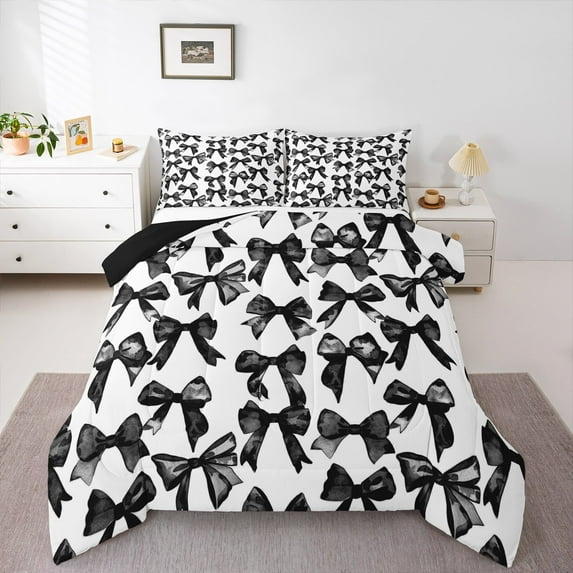 jejeloiu Cartoon Bowtie King Size Comforter Sets,Bow Bowknot Bedding Comforter Set,Black White Bedding Set For Girl,Microfiber Room Decor Reversible,3-Piece