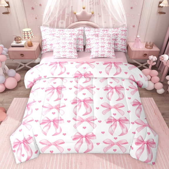 jejeloiu Cartoon Bowtie Loves 7-Piece Twin Bedding Sets,Pink Kawaii Bowknot Bedding Comforter Set For Girl Reversible