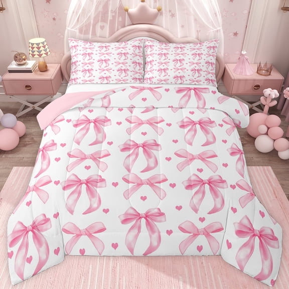 jejeloiu Cartoon Bowtie Loves Twin Comforter Sets,Pink Kawaii Bowknot Bedding Set For Girl Reversible 2pcs