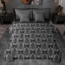 jejeloiu Cartoon Bowtie Ribbon 7-Piece Twin Bedding Sets,Retro Damask Flower Bedding Comforter Set,Gray Black Sheet Sets For Girls Kids,Microfiber Bedroom Decor Reversible