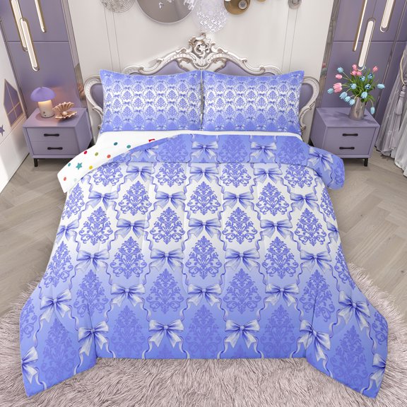 jejeloiu Cartoon Bowtie Ribbon Bedding Comforter Set,Retro Damask Flower Twin Comforter Sets,Purple White Ombre Bedding Set For Girls Kids,Microfiber Bedroom Decor Reversible,2-Piece