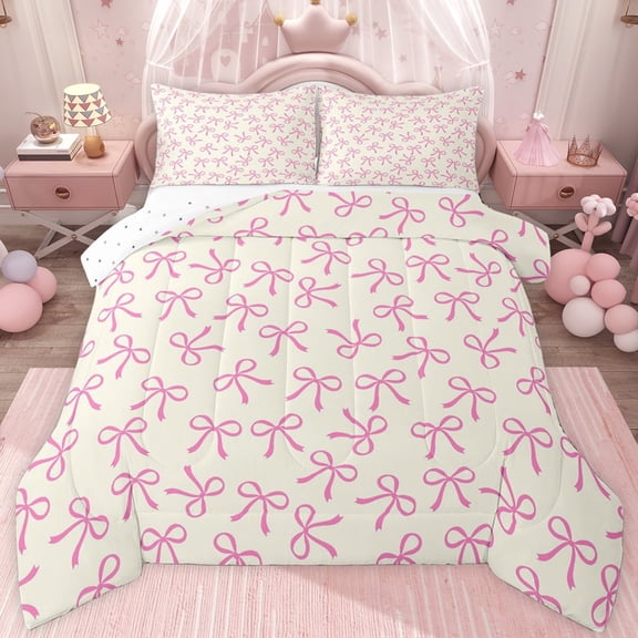 jejeloiu Cartoon Bowtie Ribbon Twin Comforter Sets,Pink Beige Bedding Set For Girl Reversible 2 Pieces