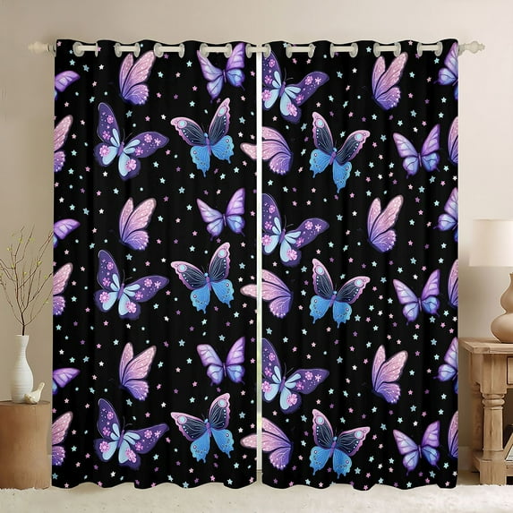 jejeloiu Cartoon Butterflies Blackout Curtains Set of 2 (52x84 Each),Cute Stars Print Window Curtains,Purple Blue Black Curtains and Drapes For Girls Kids,Luxury Bedroom Decor