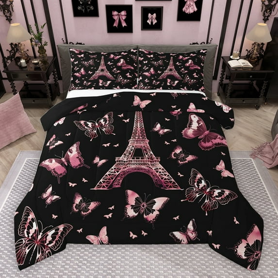jejeloiu Cartoon Butterflies Full Size Comforter Sets,Paris Eiffel Tower Bedding Comforter Set,Pink Black Bedding Sets For Girls Kids,Luxury Bedroom Decor Reversible,3pcs