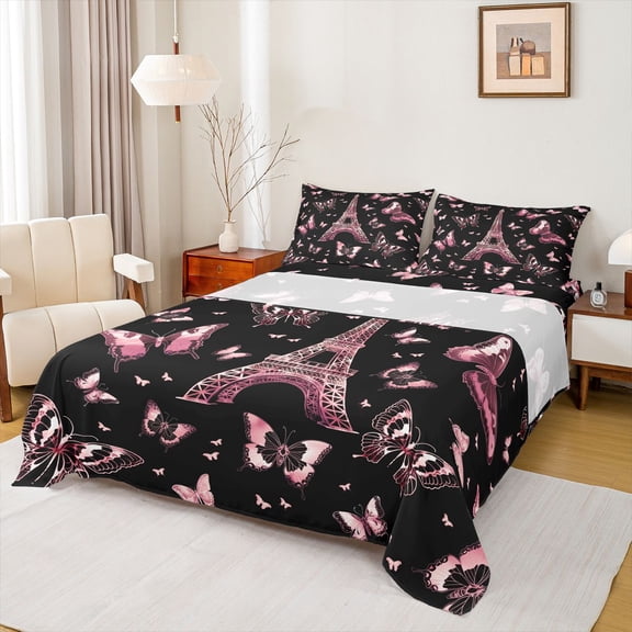 jejeloiu Cartoon Butterflies Full Size Sheets,Paris Eiffel Tower Bed Sheets,Pink Black Sheet Sets For Girls Kids,Luxury Bedroom Decor,4pcs