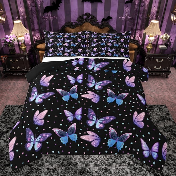 jejeloiu Cartoon Butterflies Queen Comforter Set,Cute Stars Print Bedding Sets,Purple Blue Black Bedding Comforter Set For Girls Kids,Luxury Bedroom Decor Reversible,3pcs