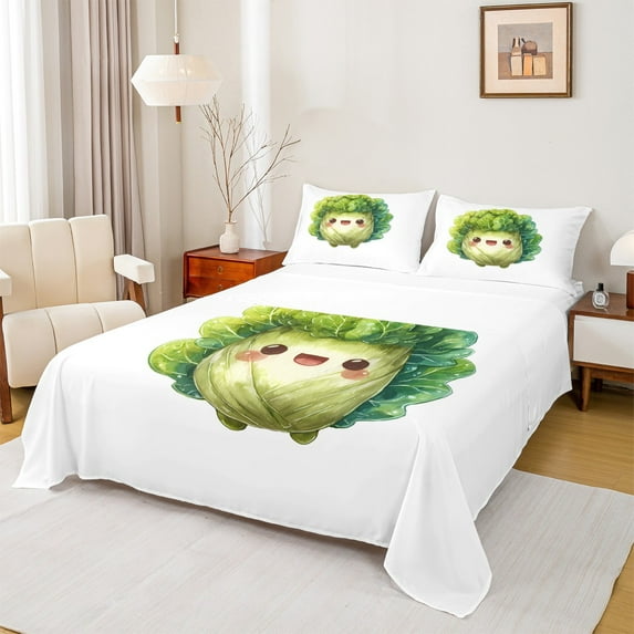 jejeloiu Cartoon Cabbage Queen Sheet Sets,Vegetable Plant Flat Sheet,Green White Queen Fitted Sheet For Girls Teens,Microfiber Bedroom Decor,4-Piece