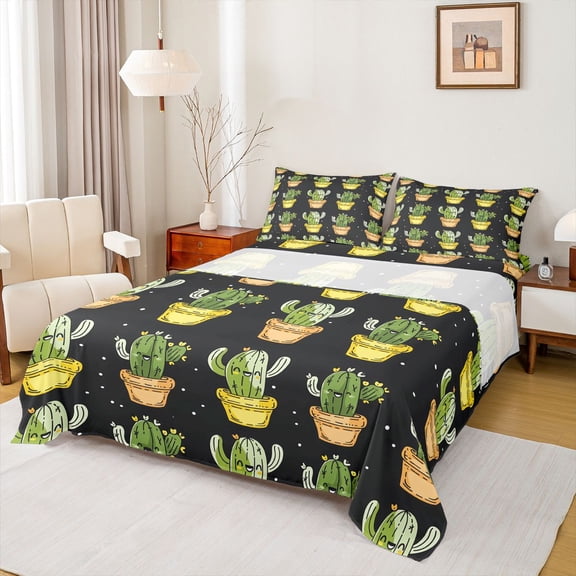 jejeloiu Cartoon Cactus Plant Bed Sheets,Tropical Desert Botanical King Sheets For Kids 4pcs