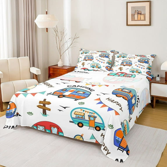 jejeloiu Cartoon Camper Car Twin Sheet Sets,Colorful Rv Twin Fitted Sheet,Happy Camping Flat Sheet For Girsl Boys,Microfiber Bedroom Decor,3 Pieces