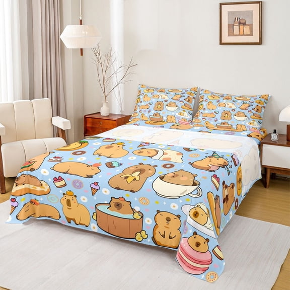 jejeloiu Cartoon Capybara Animals Full Size Sheets,Cute Daisy Floral Bed Sheets For Capybara Lover 4 Pieces