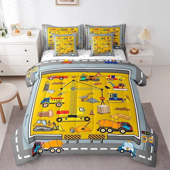 jejeloiu Cartoon Cars Bedding Comforter Set,7 Pieces,Excavator Tractor Vehicle Full Bedding Set,Geometric Patchwork Fitted Sheet Flat Sheet For Children,Microfiber Room Decorative Reversible