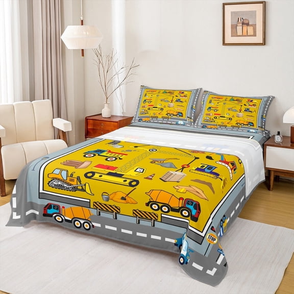 jejeloiu Cartoon Cars Queen Sheet Sets,Excavator Tractor Vehicle Flat Sheet,Geometric Patchwork Queen Fitted Sheet For Children,Microfiber Room Decorative,4 Pieces