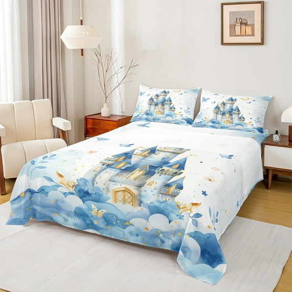 jejeloiu Cartoon Castle Full Size Sheets,Blue Cute Butterfly Bed Sheets,Fairy Tale Theme Sheet Sets For Girl Kids,Ultra Soft Home Decor,4pcs