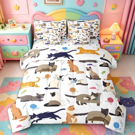 jejeloiu Cartoon Cat Animal 7-Piece Bedding Comforter Set Kids,Cute Kitten Pattern King Bedding Sets,Reversible