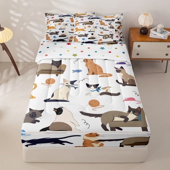jejeloiu Cartoon Cat Animal Zipper Twin Comforter Sets with Fitted Sheet and 2 Pillowcases Kids,Cute Kitten Pattern Zipper Bedding Set,Reversible,4 Pieces