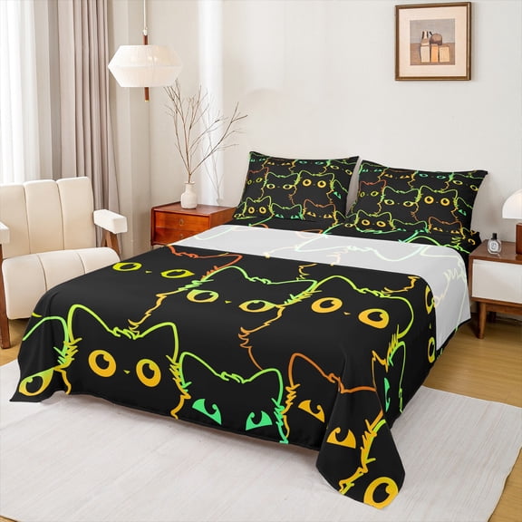 jejeloiu Cartoon Cat Bed Sheets,Neon Stripe Kitten King Sheets,Colorful Ombre Sheet Set For Girls Boys,Super Cozy Room Decor,4-Piece