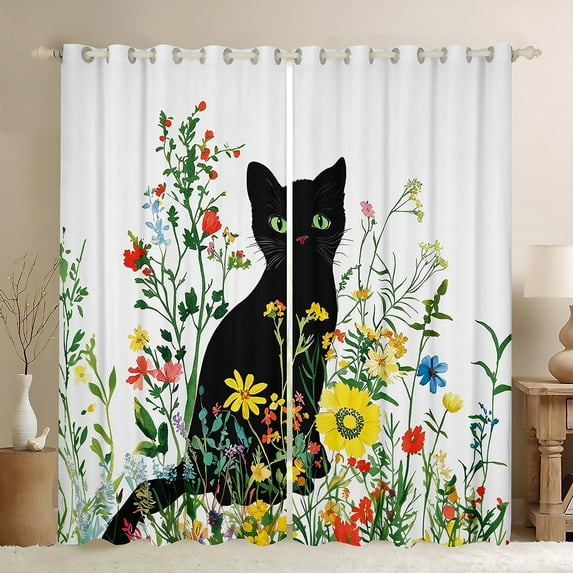 jejeloiu Cartoon Cat Blackout Curtains Set of 2 (52x84 Each),Colorful Flower Floral Window Curtains,Black Kitten Curtains and Drapes For Girls Kids,Luxury Bedroom Decor