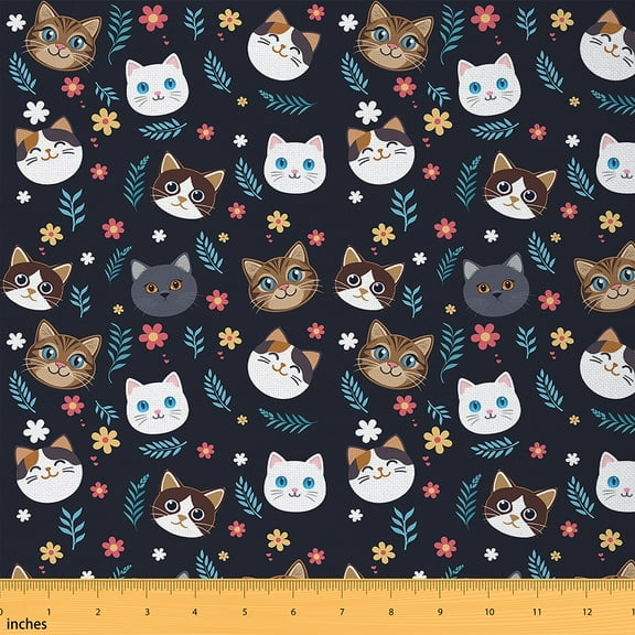 jejeloiu Cartoon Cat Fabric by the Yard 1 Yard,Rustic Flower Daisy Home Decor Fabric by the Yard,Blue Brown White Sewing Fabric For Children,Super Cozy Room Decor