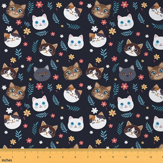 jejeloiu Cartoon Cat Fabric by the Yard 2 Yards,Rustic Flower Daisy Room Decor Fabric by the Yard,Blue Brown White Fabric for Sewing For Children,Super Cozy Room Decor
