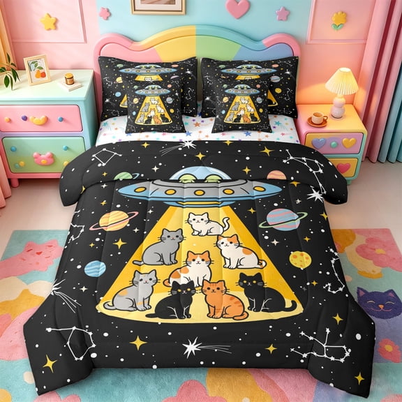 jejeloiu Cartoon Cat Galaxy 7pcs Bedding Comforter Set Kids,Space Theme Kitten Print Queen Bedding Sets,Reversible