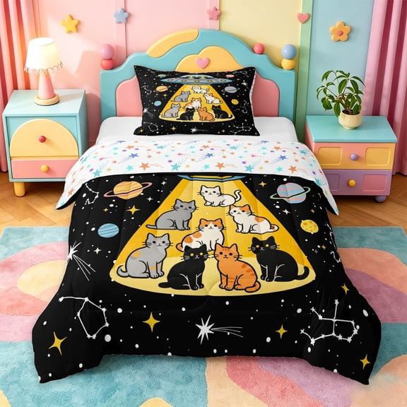jejeloiu Cartoon Cat Galaxy Twin Comforter Sets Kids,Space Theme Kitten Print Bedding Set,Reversible,2pcs
