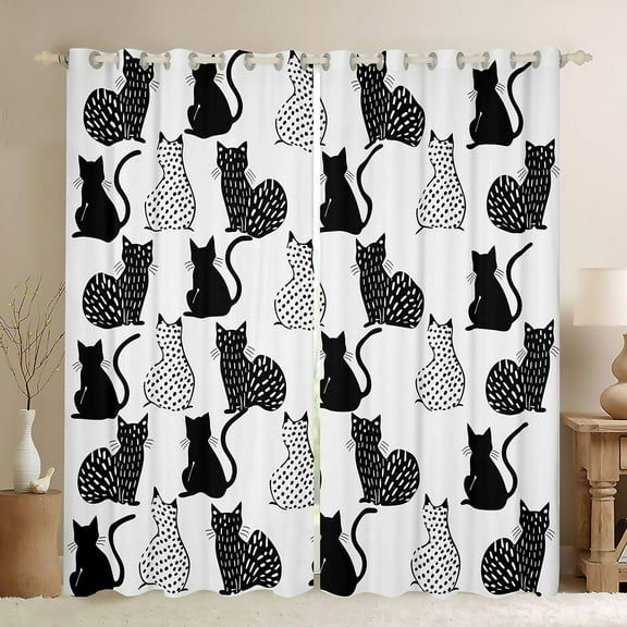 jejeloiu Cartoon Cat Kitten Black Out Curtains,White Black Gray Curtains Pack of 2 (42x63 Each) For Pet Lovers