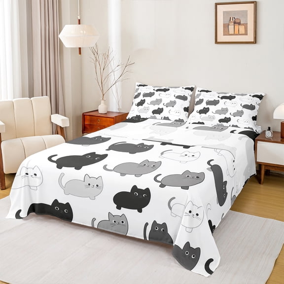jejeloiu Cartoon Cat Kitten Queen Sheet Sets,Pet Loves Flat Sheet,White Black Gray Queen Fitted Sheet For Boys,Luxury Bedroom Decor,4-Piece