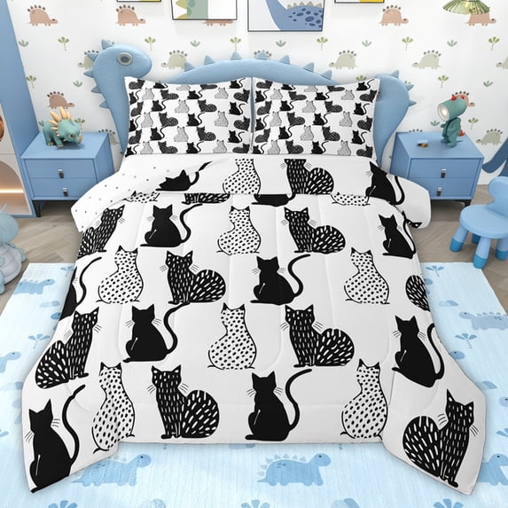 jejeloiu Cartoon Cat Kitten Twin Comforter Sets,White Black Gray Bedding Set For Pet Lovers Reversible 2-Piece