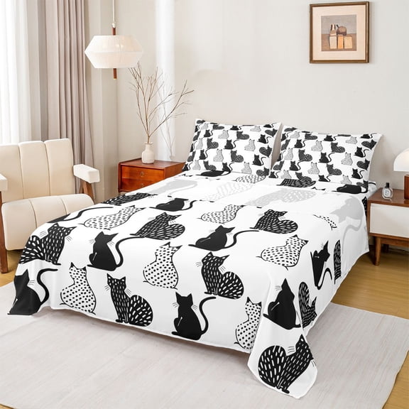 jejeloiu Cartoon Cat Kitten Twin Sheet Sets,White Black Gray Bedding For Pet Lovers 3-Piece