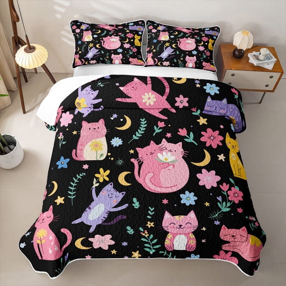 jejeloiu Cartoon Cat Moon Floral Bed Spread Queen Kids,Night Cute Animal Print Queen Coverlet Set For Girls,3 Pieces