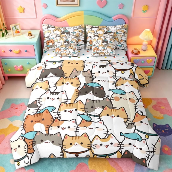 jejeloiu Cartoon Cat Pattern 7-Piece Twin Bedding Sets Kids,Cute Print Bedding Comforter Set,Reversible