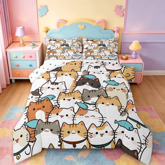 jejeloiu Cartoon Cat Pattern Full Size Comforter Sets Kids,Cute Print Bedding Sets,Reversible,3pcs