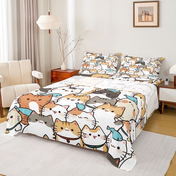 jejeloiu Cartoon Cat Pattern Full Size Sheets Kids,Cute Print Bed Sheets,4pcs