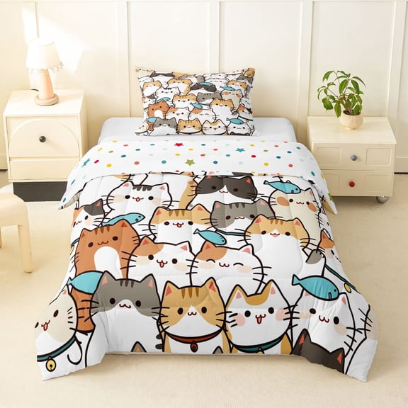 jejeloiu Cartoon Cat Pattern Twin Comforter Sets Kids,Cute Print Bedding Set,Reversible,2 Pieces