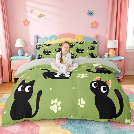 jejeloiu Cartoon Cat Paw Print Duvet Cover Set Kids,Cute Kitten Pattern Bedding Full,Reversible,3pcs(No Comforter)