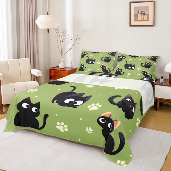 jejeloiu Cartoon Cat Paw Print Full Size Sheets Kids,Cute Kitten Pattern Bed Sheets,4pcs