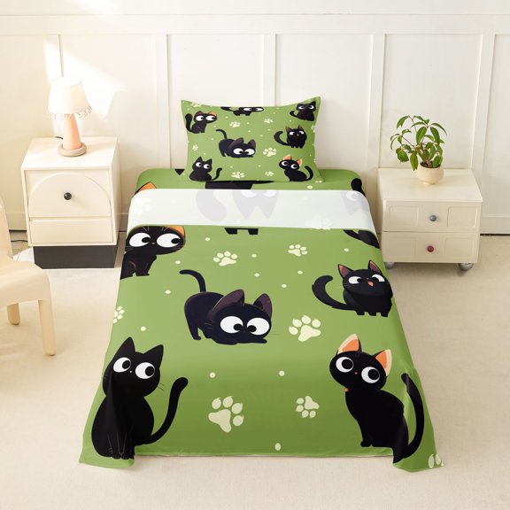jejeloiu Cartoon Cat Paw Print Twin Sheet Sets Kids,Cute Kitten Pattern Bedding,3 Pieces