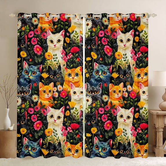 jejeloiu Cartoon Cat Wildflower Curtains Pack of 2 (42x84 Each) Kids,Colorful Garden Print Curtains Blackout