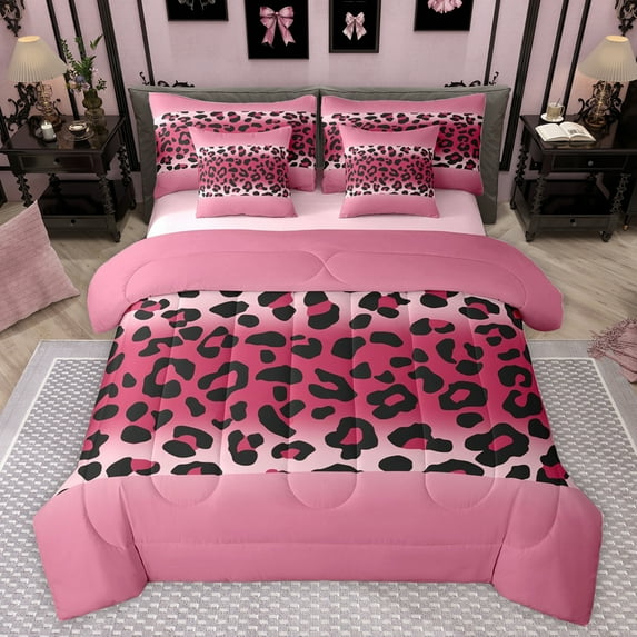 jejeloiu Cartoon Cheetah Pattern 7pcs Bedding Comforter Set,Modern Geometric Striped Queen Bedding Sets,Pink Black Queen Sheet Sets For Girl Teens,Breathable Home Decor Reversible