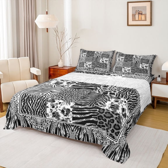 jejeloiu Cartoon Cheetah Pattern Bed Sheets,Modern Geometric Checkered King Sheets,Gray Ink Sheet Set For Girl Teens,Breathable Home Decor,4-Piece