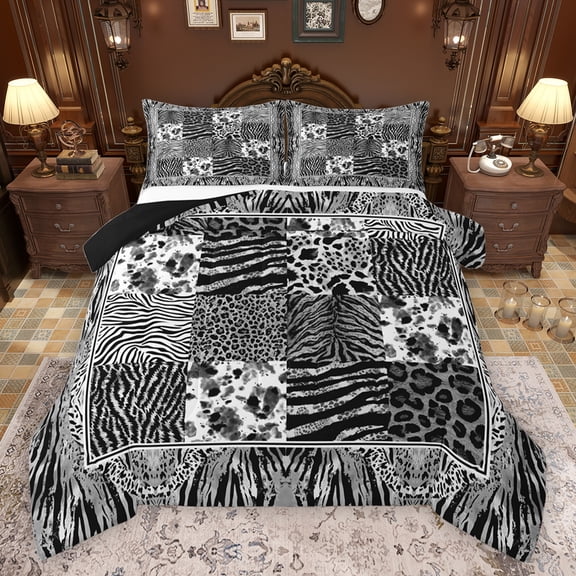 jejeloiu Cartoon Cheetah Pattern Queen Comforter Set,Modern Geometric Checkered Bedding Sets,Gray Ink Bedding Comforter Set For Girl Teens,Breathable Home Decor Reversible,3pcs