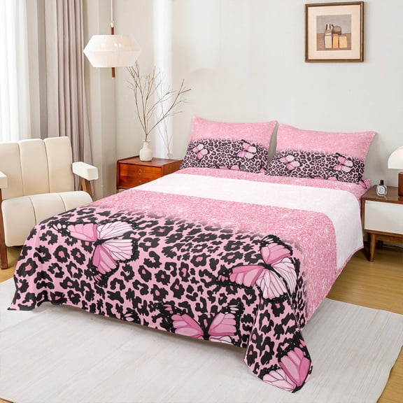 jejeloiu Cartoon Cheetah Pattern Twin Sheet Sets,Chic Glitter Print Twin Fitted Sheet,Pink Leopard Print Flat Sheet For Girls Teens,Breathable Home Decor,3pcs