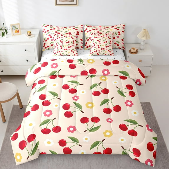 jejeloiu Cartoon Cherry 7-Piece Twin Bedding Sets,Colorful Daisy Floral Bedding Comforter Set,Red Green Sheet Sets For Teens,Microfiber Bedroom Decor Reversible