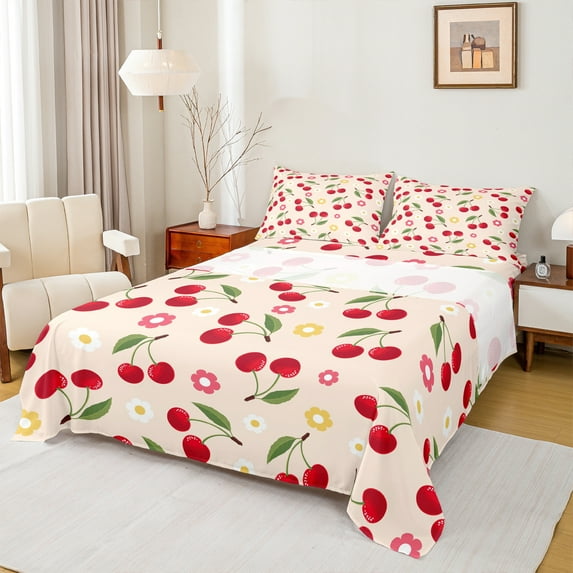 jejeloiu Cartoon Cherry Queen Sheet Sets,Colorful Daisy Floral Flat Sheet,Red Green Queen Fitted Sheet For Teens,Microfiber Bedroom Decor,4 Pieces