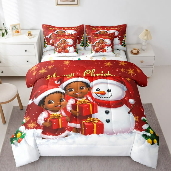 jejeloiu Cartoon Christmas Snowman 7-Piece Twin Bedding Sets,Black Girl Bedding Comforter Set,Kids Xmas Gifts Sheet Sets For Girl Boys Kids,Super Cozy Room Decor Reversible